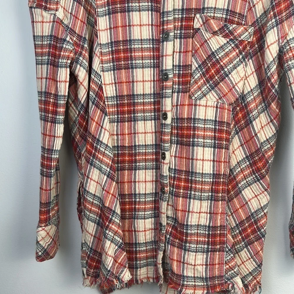 Free People Juniper Ridge Plaid Cotton Shirt Shacket Small Raw Hem Relaxed Fit